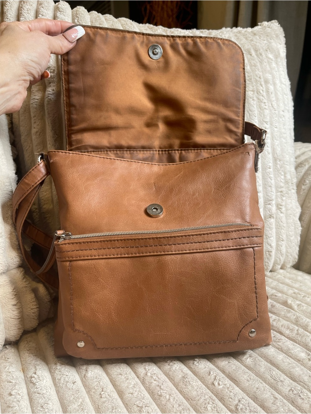 Relic Tan Brown Faux Leather Crossbody Bag Multi Pocket Shoulder Purse - Picture 5 of 8